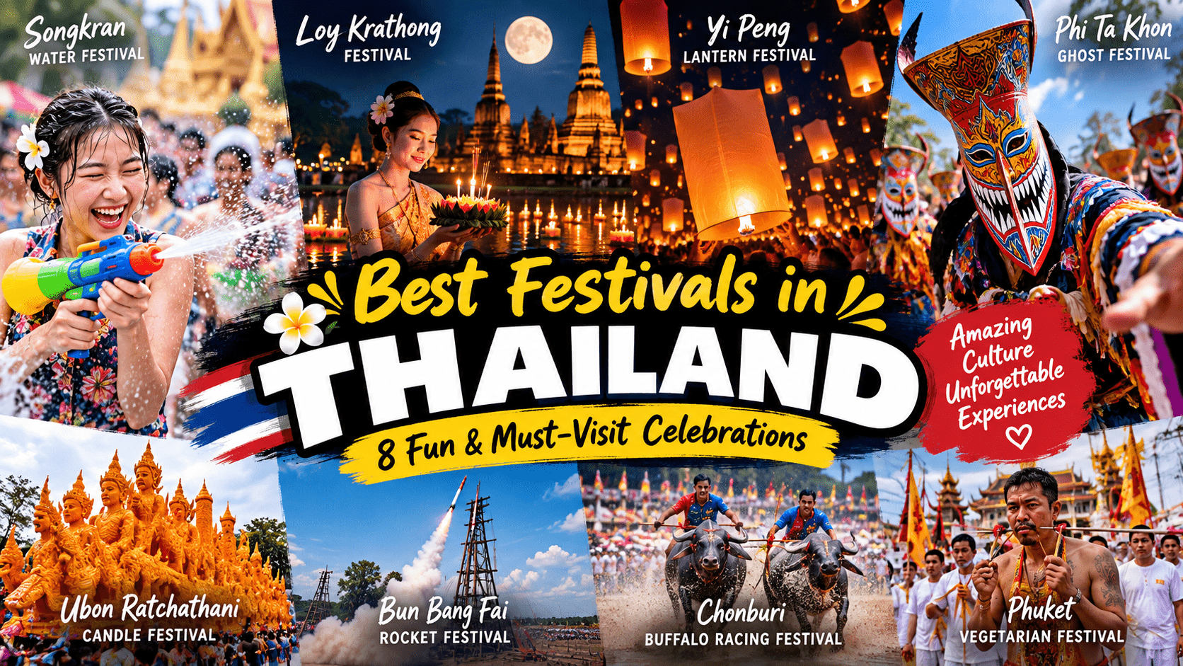 Best festivals in Thailand including Songkran, Loy Krathong, Yi Peng and Phi Ta Khon